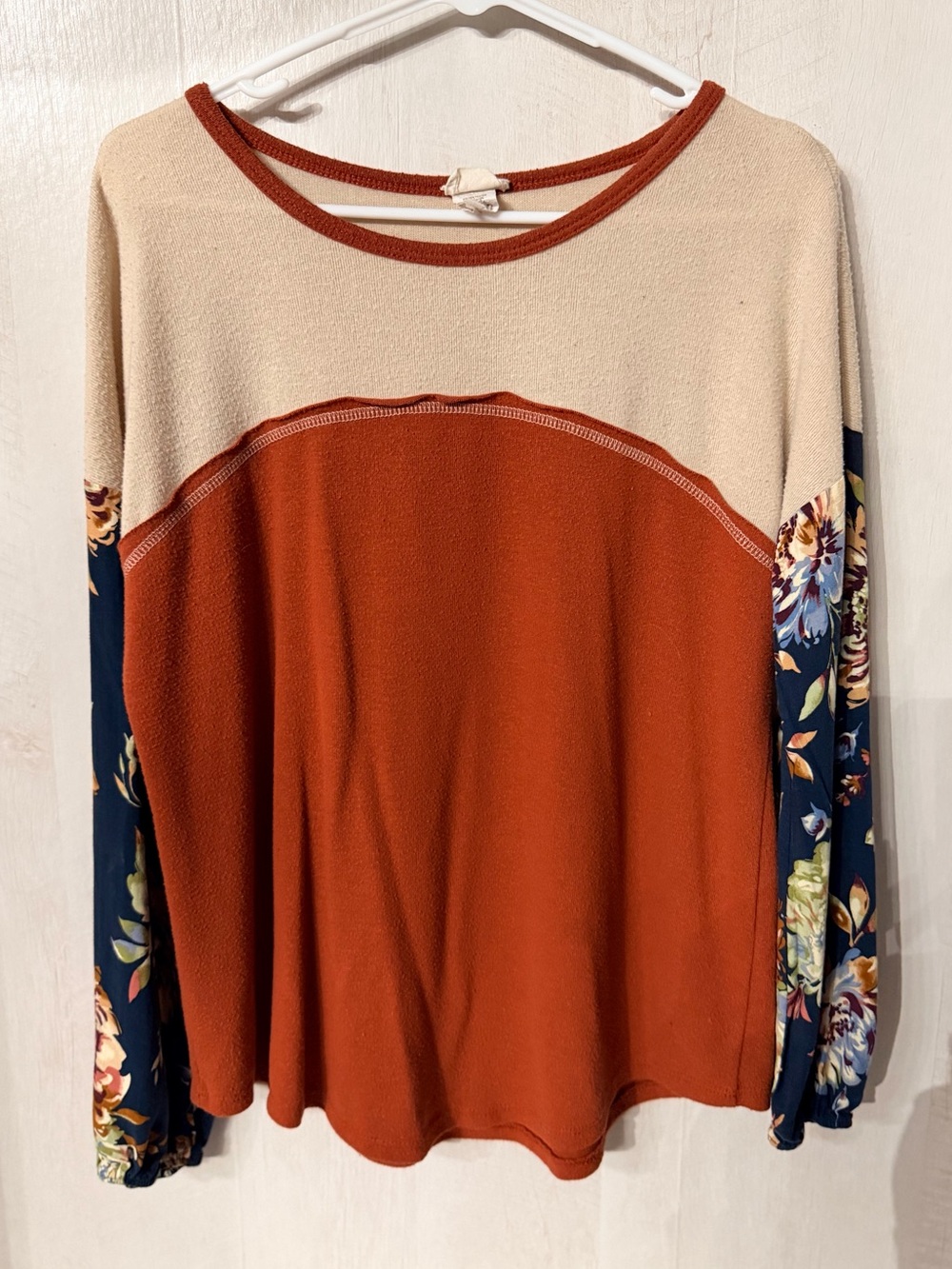 Lovely Melody Rust and Cream Colorblock Long Sleeve with Floral Sleeves